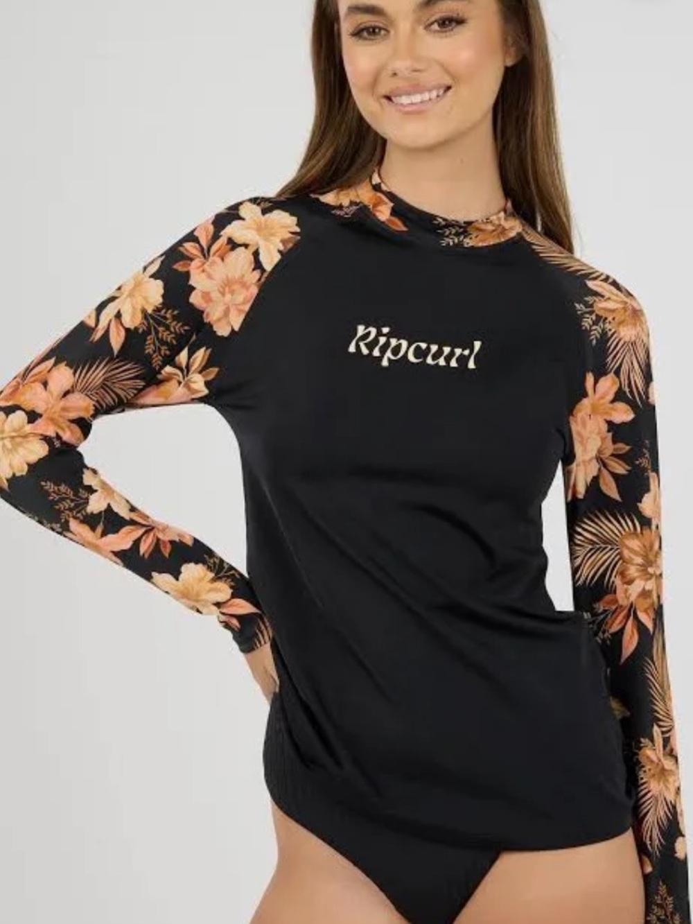 Rip Curl Rash Guard with Floral Orange Sleeves
